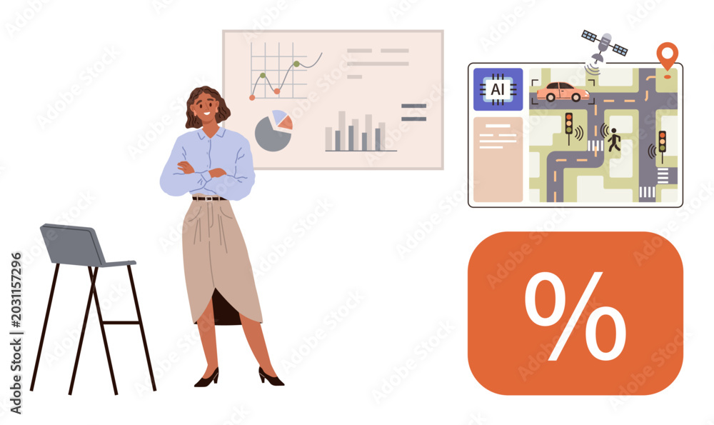 Fototapeta premium Business data, AI innovation, smart traffic, financial planning, analytics, technology. Woman with chart, AI map for traffic percentage symbol. Business data and AI innovation