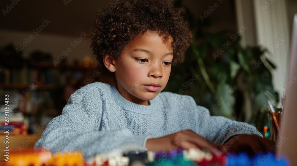 Naklejka premium Young boy with curly hair sitting at a desk in front of a computer. he is wearing a blue sweater and appears to be focused on the task at hand.