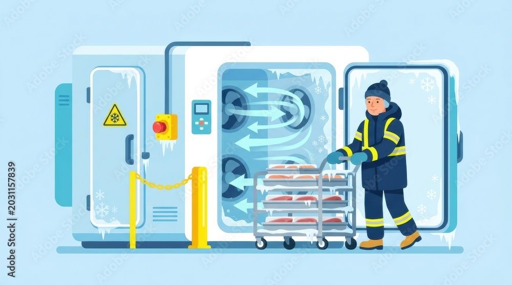 Fototapeta premium Worker moves a cart of frozen items out of a cold storage unit while following safety guidelines. The area has clear signage and safety features.