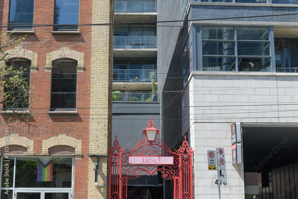 Naklejka premium wrought iron gate entrance to Beso by Patria, a Spanish restaurant, located at 478 King St W, Toronto