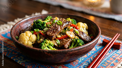 Colorful stir-fried beef and vegetables in ceramic bowl on wooden table with chopsticks