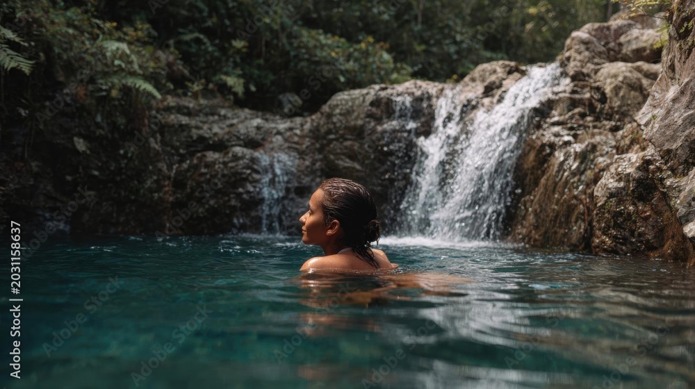 Fototapeta premium Young woman swimming in a pool of water near a waterfall. she is facing away from the camera, with her back towards the camera.