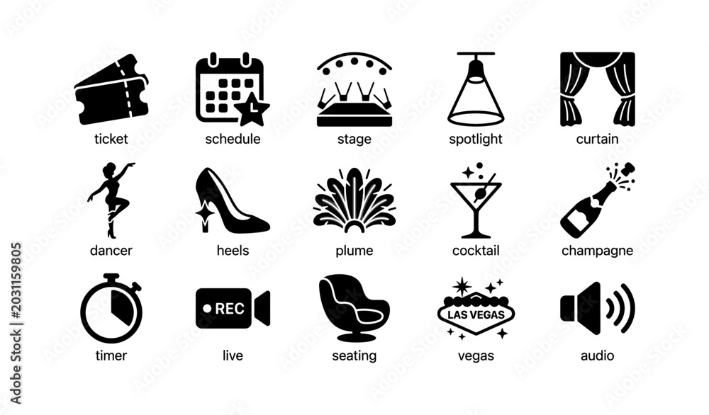 Fototapeta premium Entertainment and show icons arranged in grid on white background