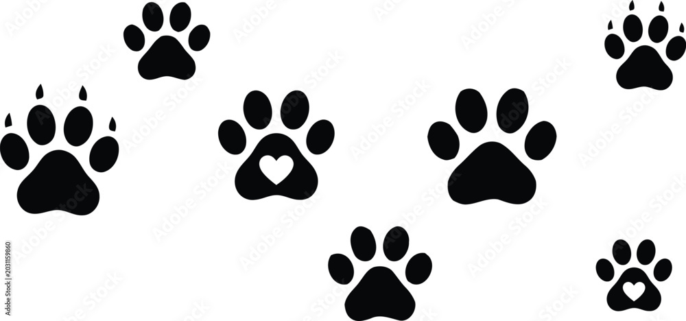 Fototapeta premium Black paw print silhouettes with heart detail on white background