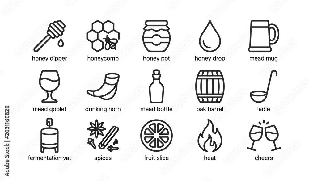 Fototapeta premium Row of honey and mead icons arranged on white background