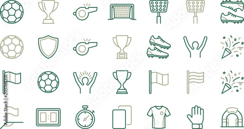 Photography Collection of green line art icons representing various football equipment and s