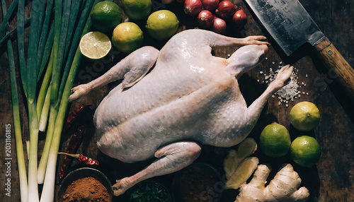Whole raw duck prepared for cooking with fresh vegetables and herbs on dark rustic table