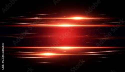 A vibrant red light streaks across a dark background with horizontal lines of light radiating from a central glowing point