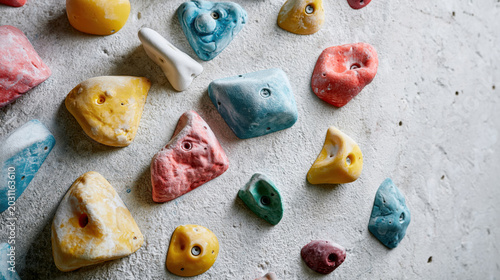 Colorful climbing holds on a textured indoor wall