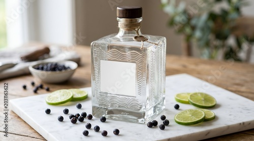 Cuadro en lienzo Clear liquor bottle on wooden table.