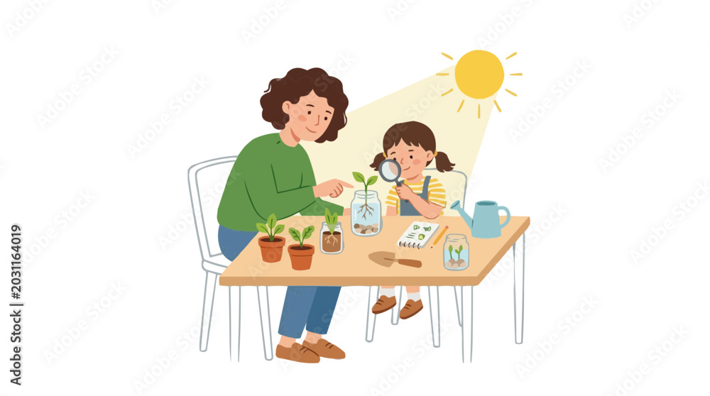 Fototapeta premium FLAT 2d minimalist Mother and daughter learning about plants and growth with magnifying glass and watering can under the sun Silhouette PNG Isolated on transparent background vector