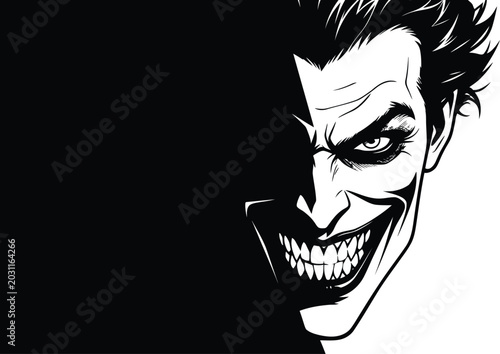 Evil joker face with creepy smile vector illustration. Scary clown villain portrait silhouette emerging from dark shadow, mad psychopath or criminal mascot design. Black and white comic book line art 