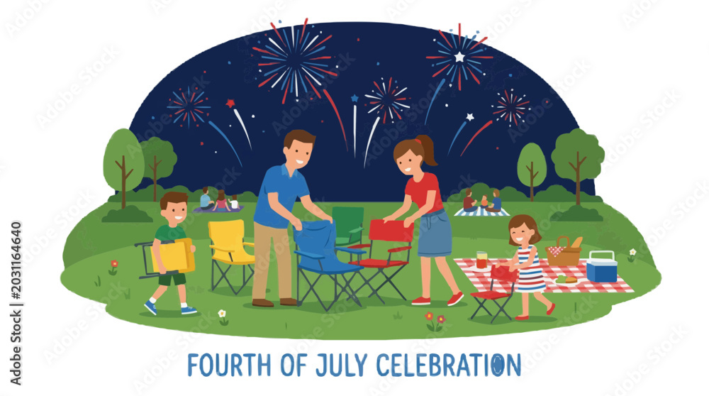 Obraz premium FLAT 2d minimalist Family enjoys a festive Fourth of July celebration with fireworks and a picnic in the park Silhouette PNG Isolated on transparent background vector