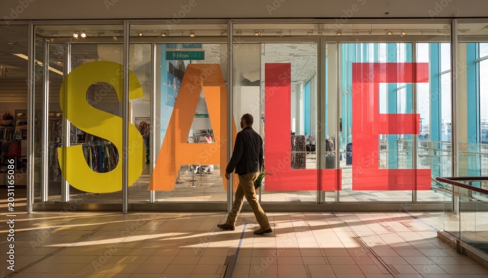 Obraz premium Shopper walking past large colorful sale sign in a retail store, showcasing vibrant window display and inviting shopping atmosphere with copy space