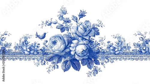 Blue and white floral border with roses and birds in a classic toile de jouy style