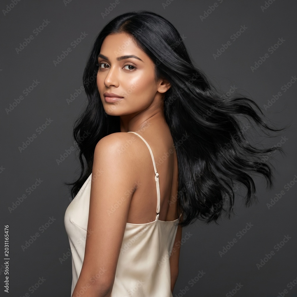 Naklejka premium Beautiful indian woman with long flowing shiny black hair