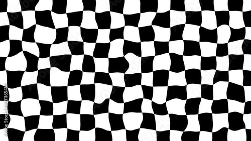 Animated background in a white and black cage, smooth distortion of the shape of the squares. Animated chess background.