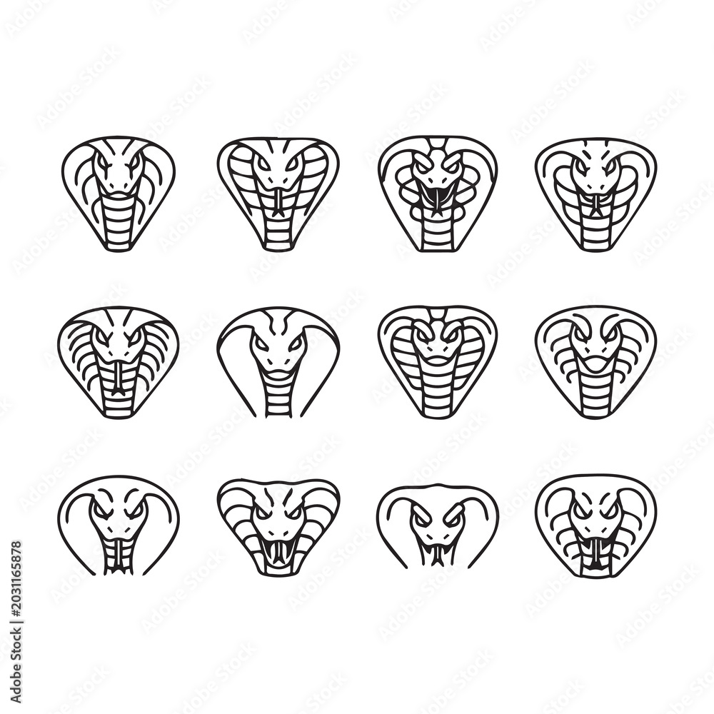 Obraz premium Set of Cobra Snake Heads in Linear Style with Subtle Variations for Graphic Design