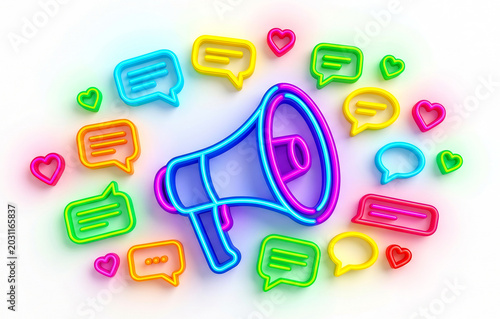 Colorful glowing neon megaphone surrounded by social media speech bubbles and heart icons isolated on white