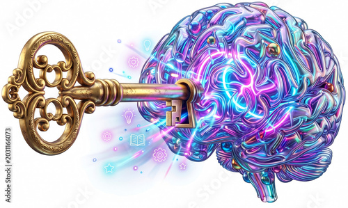 Ornate vintage golden key unlocking a glowing neon cybernetic brain with floating creative idea icons bursting out isolated on white