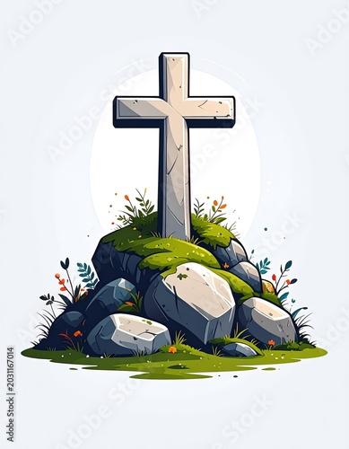 Cross on a hill with rocks.