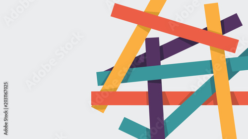 Multiple colorful rectangular strips in orange teal purple and yellow overlap on a neutral light grey background creating an abstract geometric pattern with shadows.