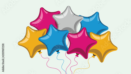 A vibrant assortment of star shaped helium balloons in blue yellow pink and silver floating together against a solid light gray background with soft lighting.