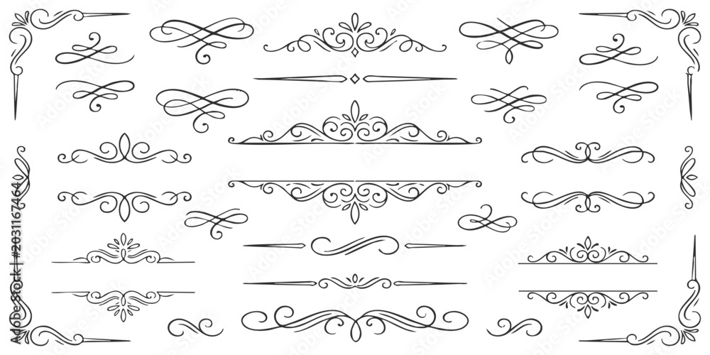Fototapeta premium Luxury calligraphic text dividers and ornate frame corners decoration set