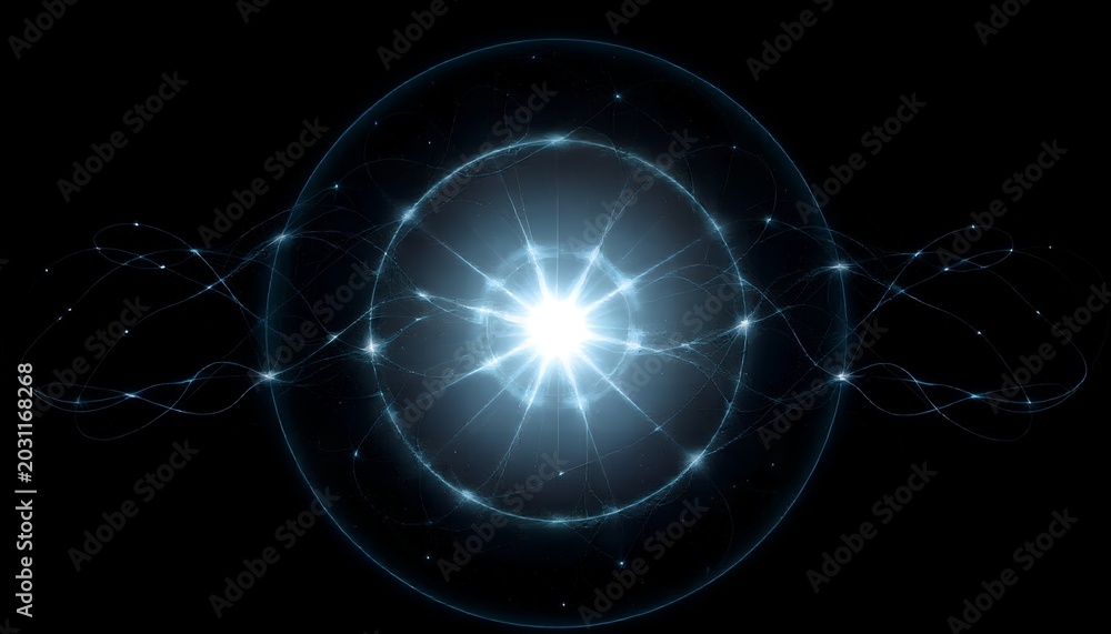 Obraz premium A bright white light shines from within a glowing blue circle on a black background with swirling lines and sparks