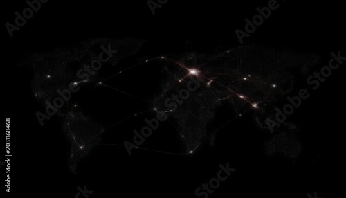 A nighttime view of the world map with glowing connections and city lights on a black background