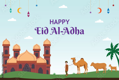 Happy Eid al-Adha Greeting Card with Mosque and Qurbani Animals