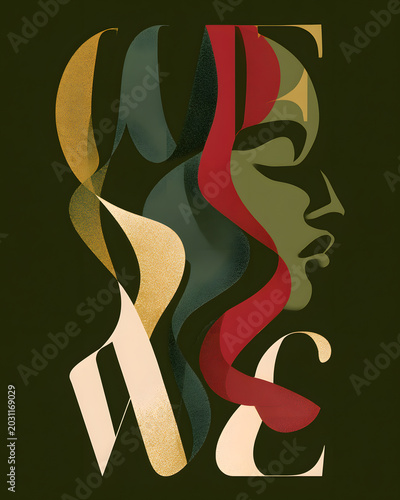 Colorful abstract design showing a profile of a woman with flowing lines and shapes, created using various shades and forms, showcasing artistic expression and creativity