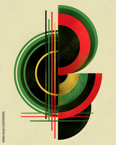Colorful geometric shapes mix and overlap in an abstract design representing music and culture in a modern style