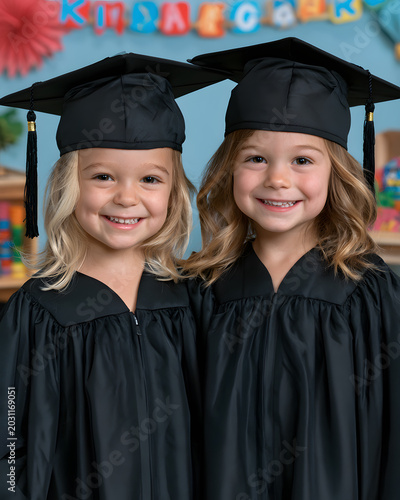 Two young girls in graduation gowns smiling together at a kindergarten graduation ceremony in a classroom setting