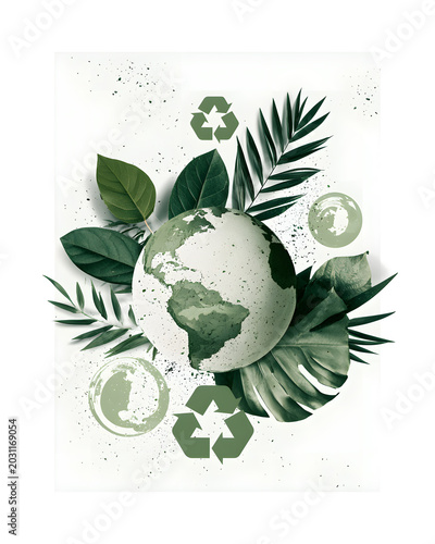 Focus on the earth with green leaves and recycling symbols in a simple design showing environmental awareness
