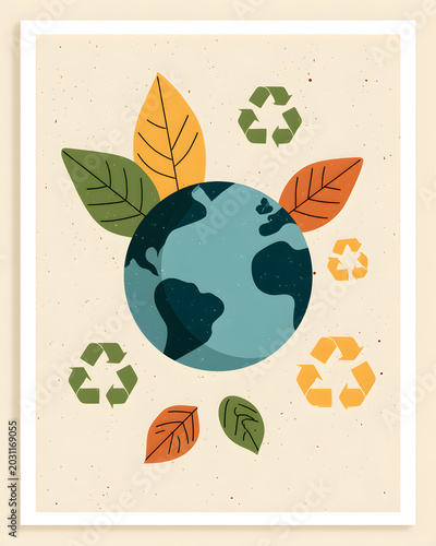 Earth surrounded by leaves and recycle symbols shows importance of caring for the planet and promoting environmental awareness through simple art