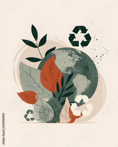Artwork shows planet Earth surrounded by leaves and recycling symbols in an eco-friendly theme emphasizing nature and sustainability while promoting environmental awareness