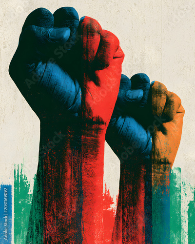 Hands raised in solidarity show support for social movements and change during a protest in a city with colorful painted fists symbolizing unity and strength
