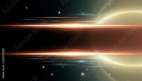 A vibrant and dynamic abstract image of glowing lines and stars in a dark space with a bright light source