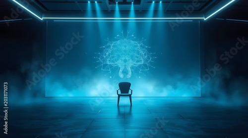 A single empty chair in a dark futuristic room with a glowing blue digital brain hologram on the wall and stage lights