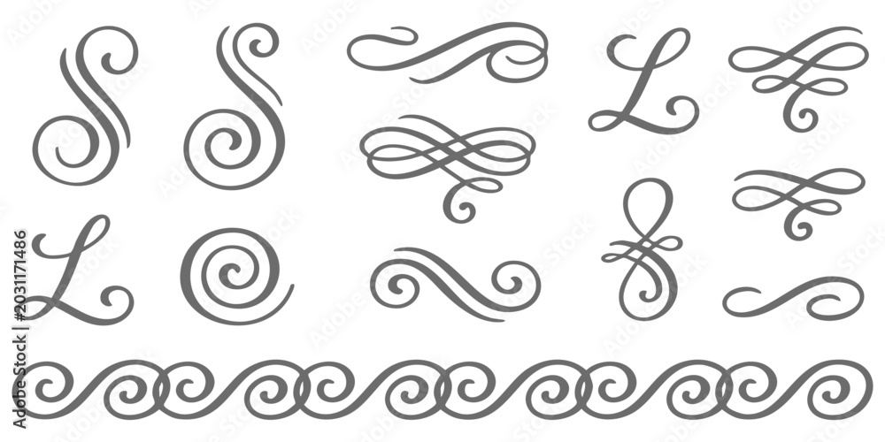 Fototapeta premium Grey calligraphic text dividers and ornate swash borders ornament set