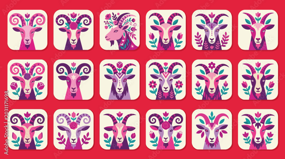Obraz premium Goat head icon set. Decorative floral animal portraits