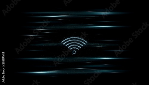 A stylized WiFi symbol glows brightly against a dark background with streaks of light moving horizontally across the image.