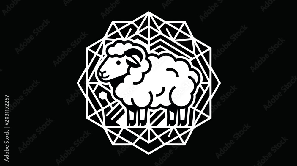Fototapeta premium Sheep zodiac symbol in geometric frame. Minimalist line art illustration. Vector graphic isolated on black background