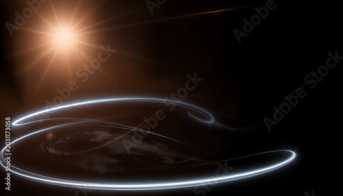 A glowing white swirling light trail encircles the Earth in space with the sun shining brightly in the background
