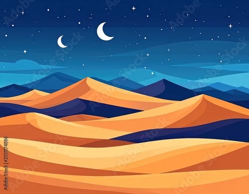Desert landscape with mountains at night.