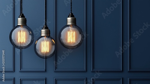 Vintage bulbs hang on textured blue wall