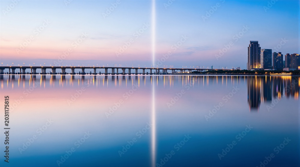 Fototapeta premium Waterfront View Of Bridge And City Buildings At Dusk