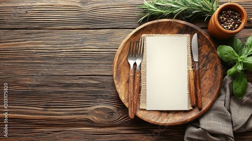 Wooden plate setting with menu