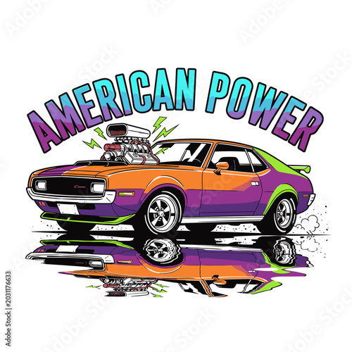 Photos Vibrant retro American muscle car with supercharged engine and lightning bolts,